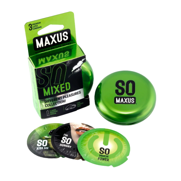 Презервативы Maxus "Mixed" №3 (точечно-ребристый, классический и ультратонкий презервативы, белый железный кейс в подарок)