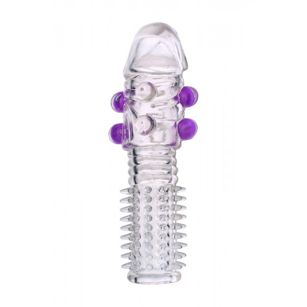 Насадка на пенис TOYFA "Beeded Sleeve" с шариками (прозрачная, фиолетовые шарики, 14 см)