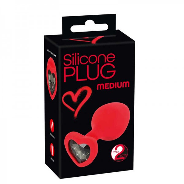 Втулка анальная You2Toys "Silicone Plug" MEDIUM с черным стразом в форме сердца (средняя, красная)