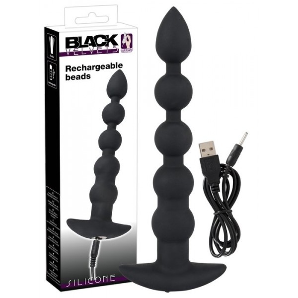 Цепочка анальная BLACK VELVETS "Rechargeable" с вибрацией (черная, 21 см)