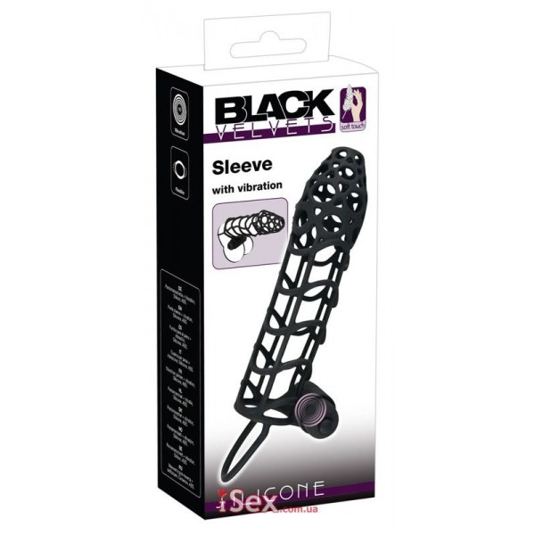 Насадка на пенис BLACK VELVETS "Sleeve + Vibe" с подхватом мошонки и вибрацией (черная)